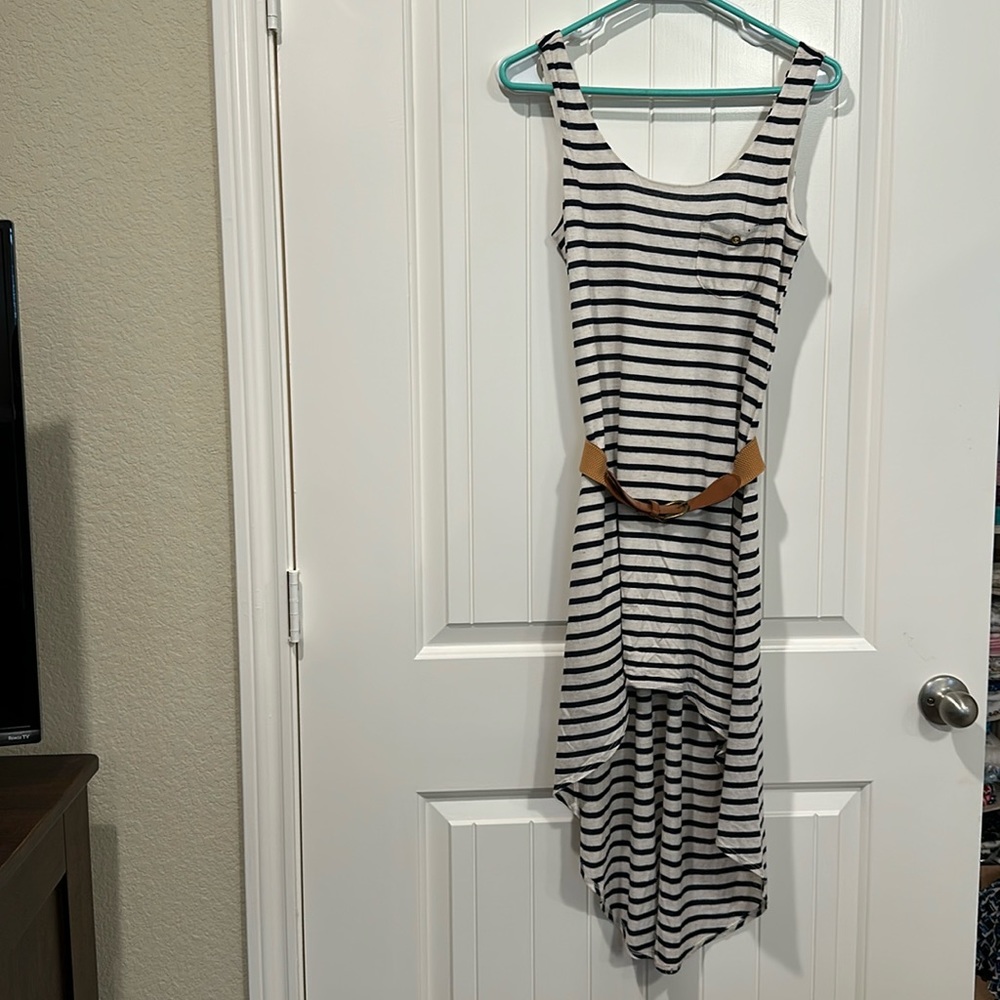 Navy Striped High-Low Dress with Tan Belt